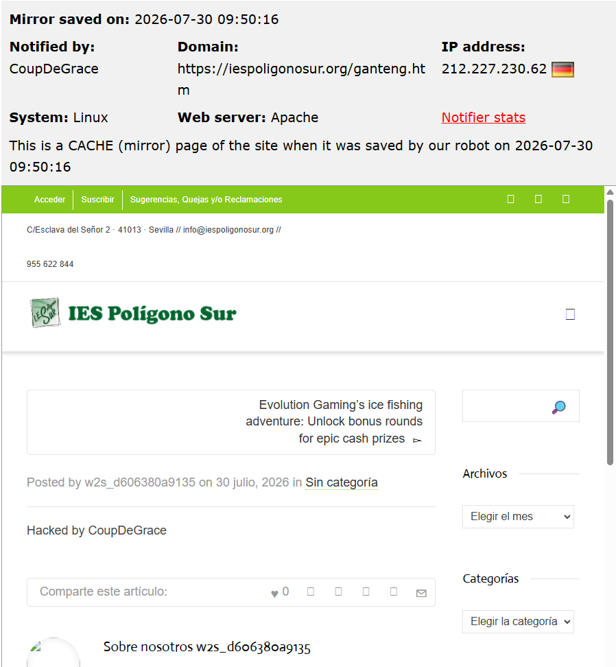 CoupDeGrace targets the website of Polígono Sur Secondary Education Institute