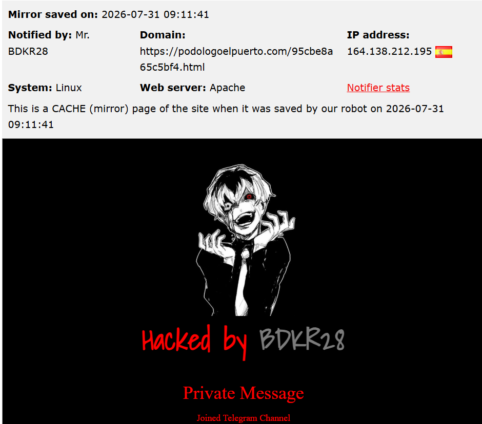 Mr. BDKR28 targets the website of Clínica del Pie Puerto