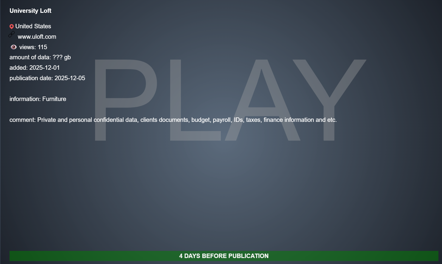 University Loft Co.成为PLAY勒索软件的受害者