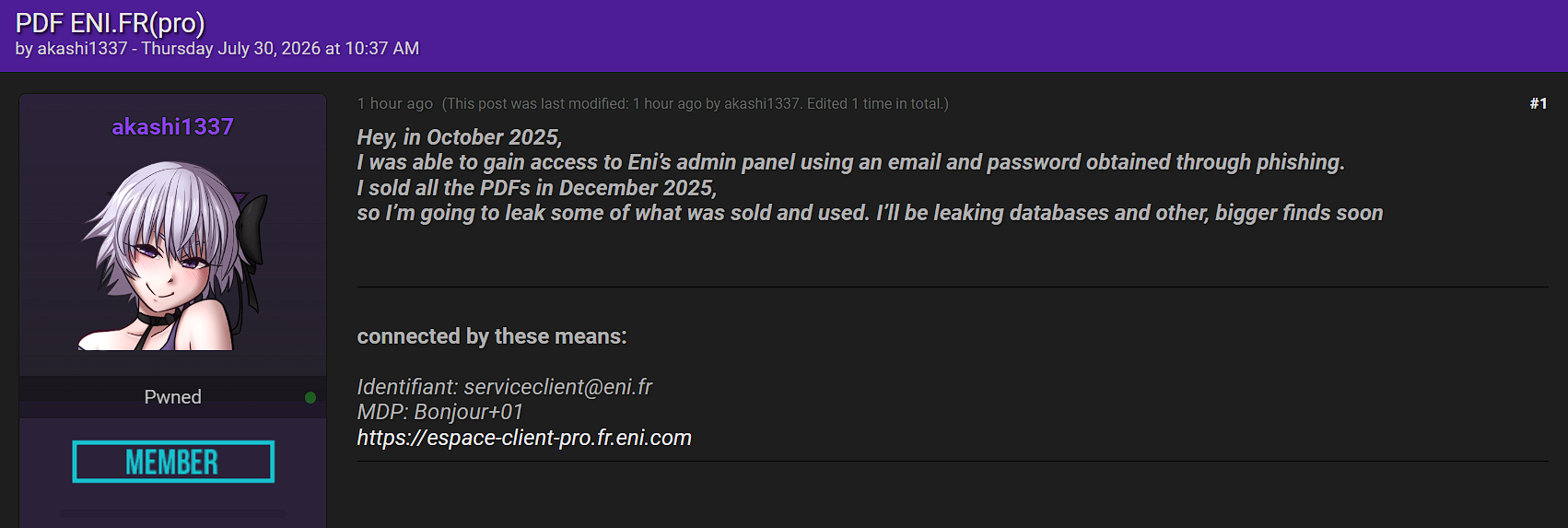 Alleged Sale of ENI.fr Admin Panel Access
