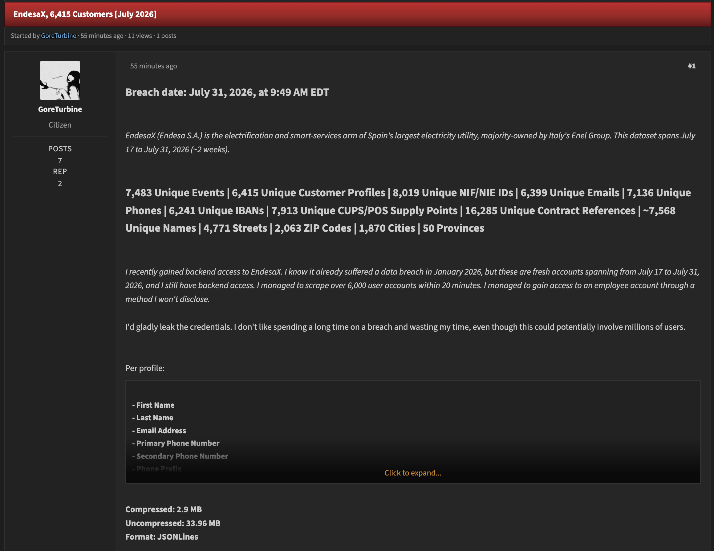 Alleged data breach of EndesaX