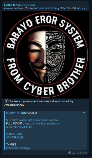 CYBER TEAM INDONESIA targets the website of Choisir le service public