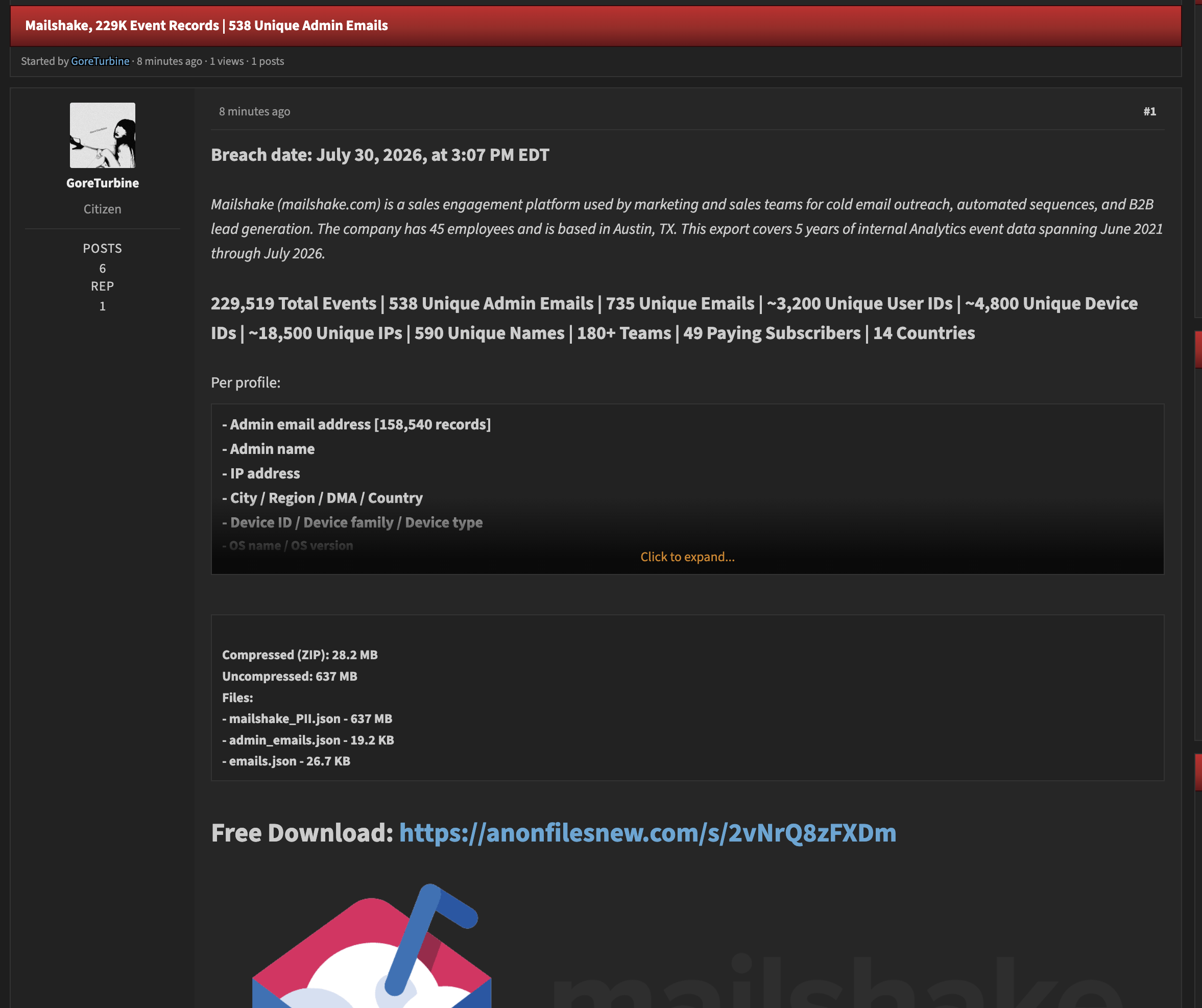 Alleged data breach of Mailshake
