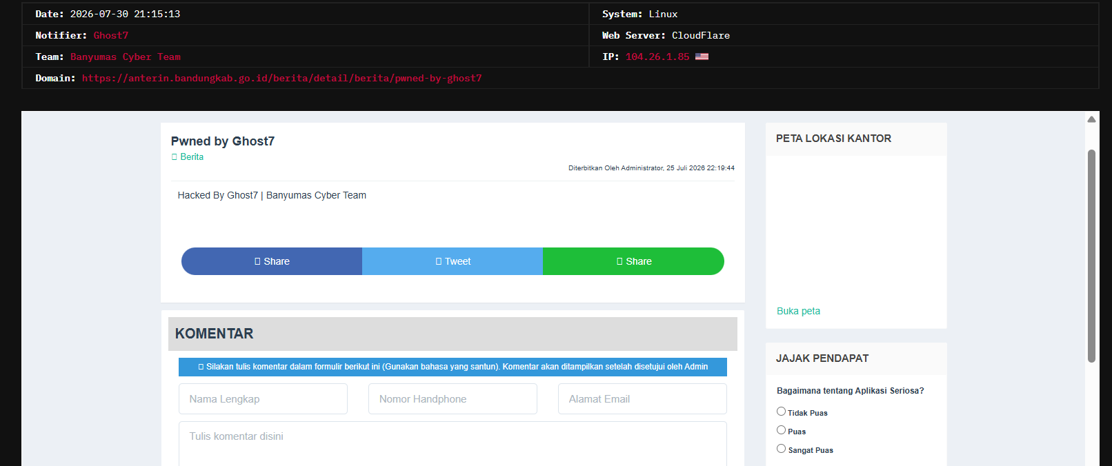 Banyumas cyber team targets the website of Bandung Regency Government – ANTERIN