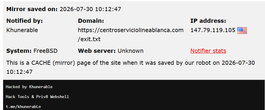 Khunerable targets the website of Centro de Servicio Línea Blanca