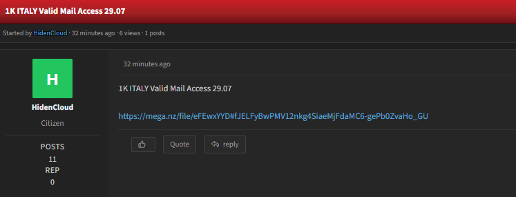 Alleged Sale of Unauthorized Email Accesses to Italy Mail Accounts