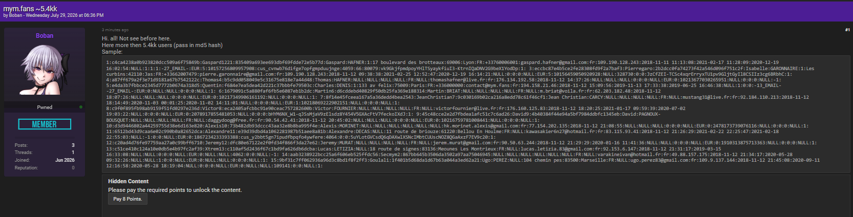 Alleged data breach of MYM fans