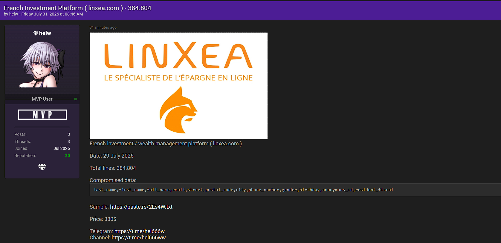 Alleged Data Breach of Linxea