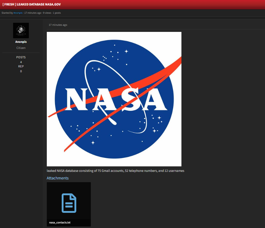 Alleged data breach of NASA