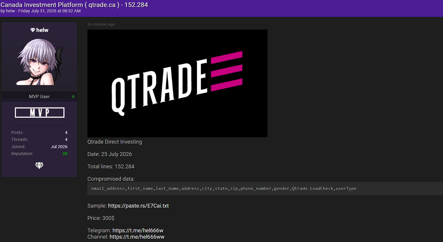 Alleged Data Leak of Qtrade