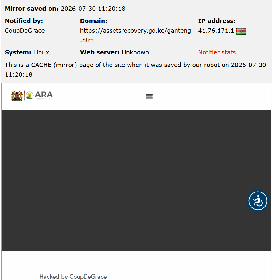 CoupDeGrace targets the website of Assets Recovery Agency (ARA)