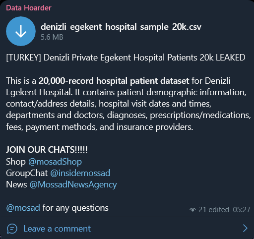Alleged data leak of Private Egekent Hospital