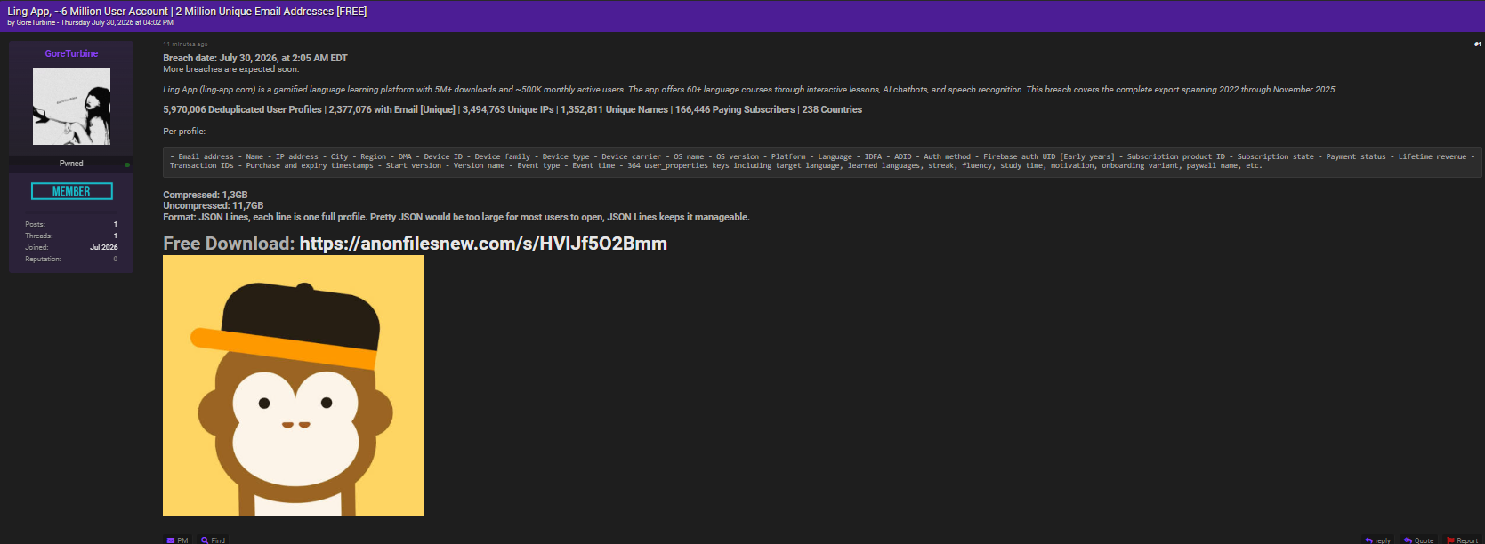 Alleged data breach of Ling App