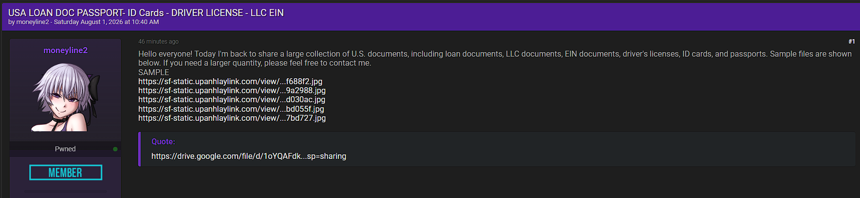 Alleged Sale of U.S. Identity & Business Documents