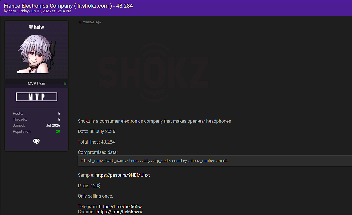 Alleged Data Breach of Shokz