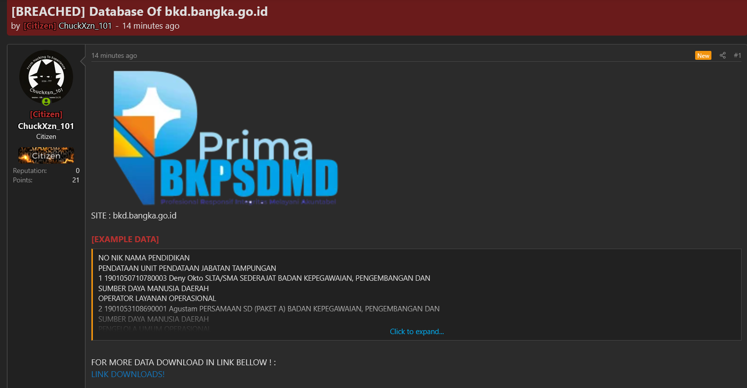 Alleged data breach BKPSDM Bangka Regency