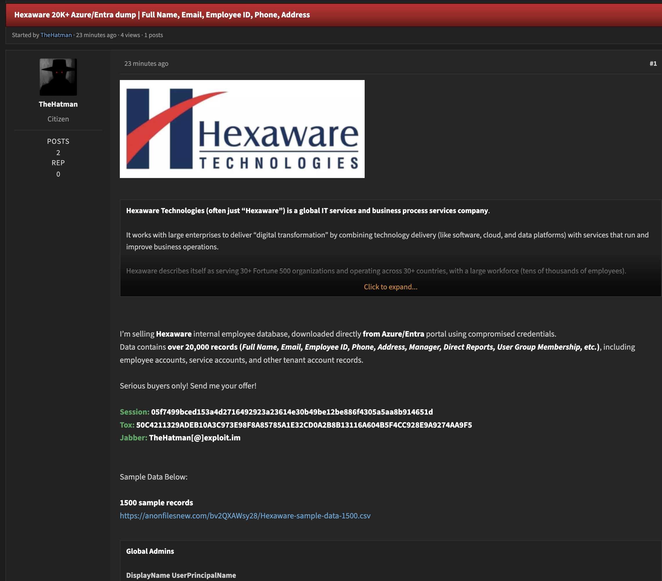 Alleged data breach of Hexaware Technologies