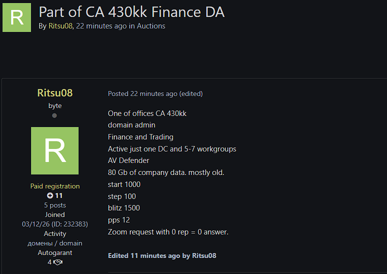 Alleged Sale of Domain Admin Access to California Finance Company