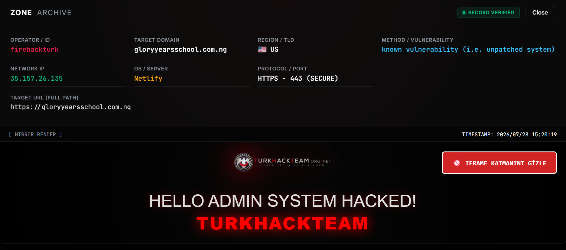 firehackturk targets the website of Glory Years School