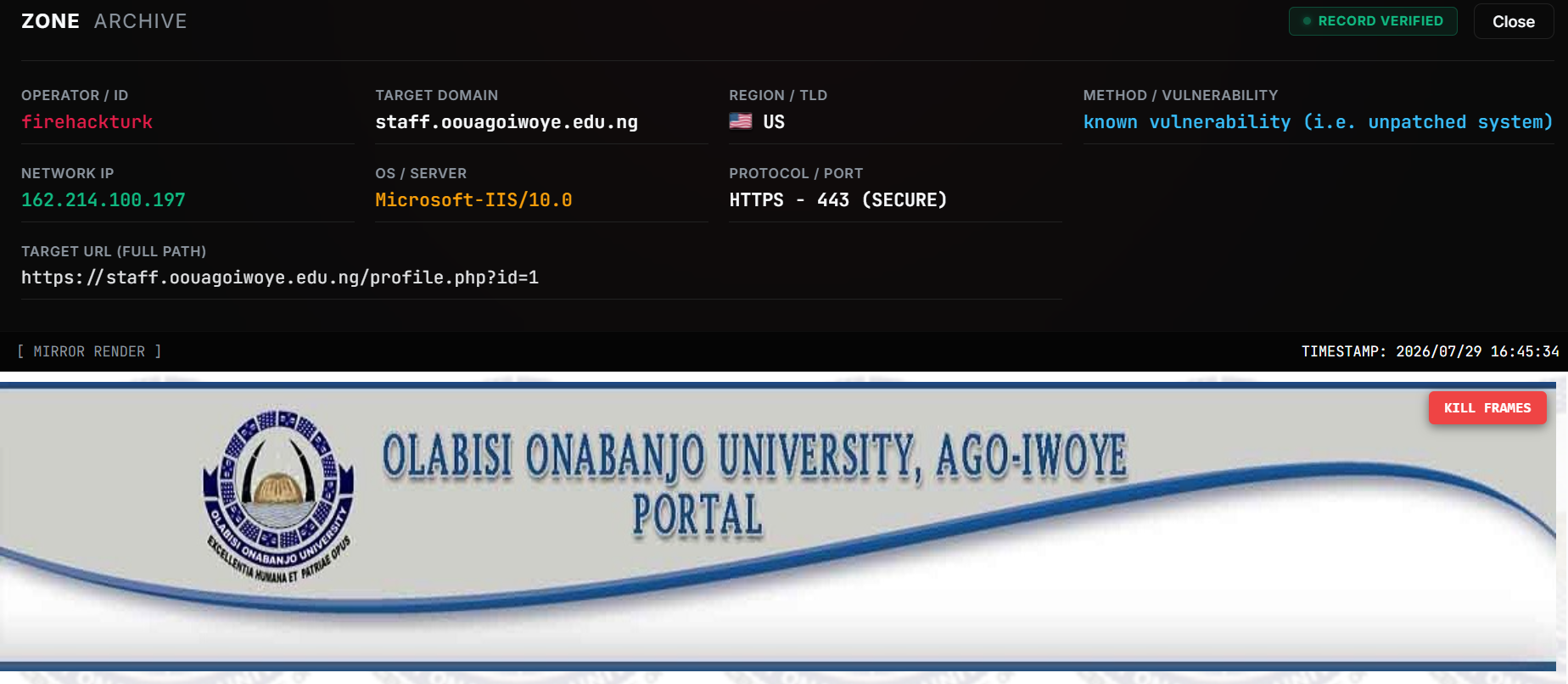 firehackturk targets the website of Olabisi Onabanjo University
