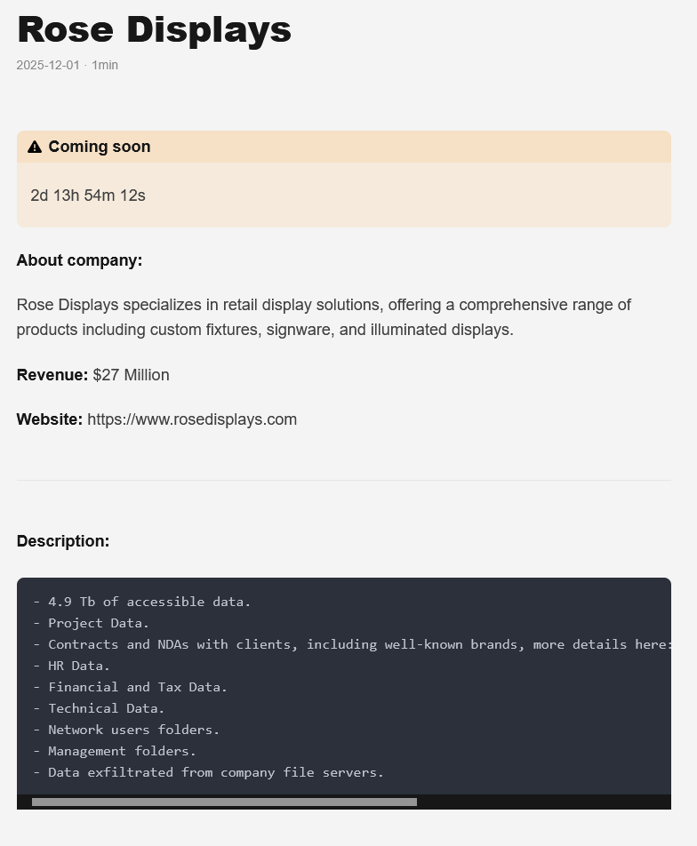 Rose Displays成为GENESIS勒索软件的受害者