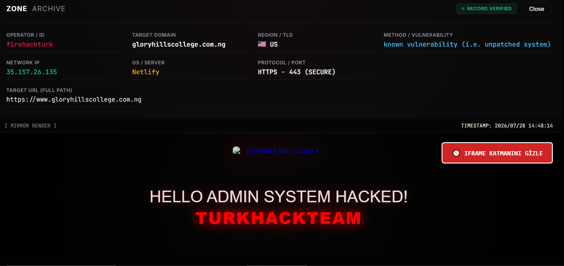 firehackturk targets the website of Glory Hills College