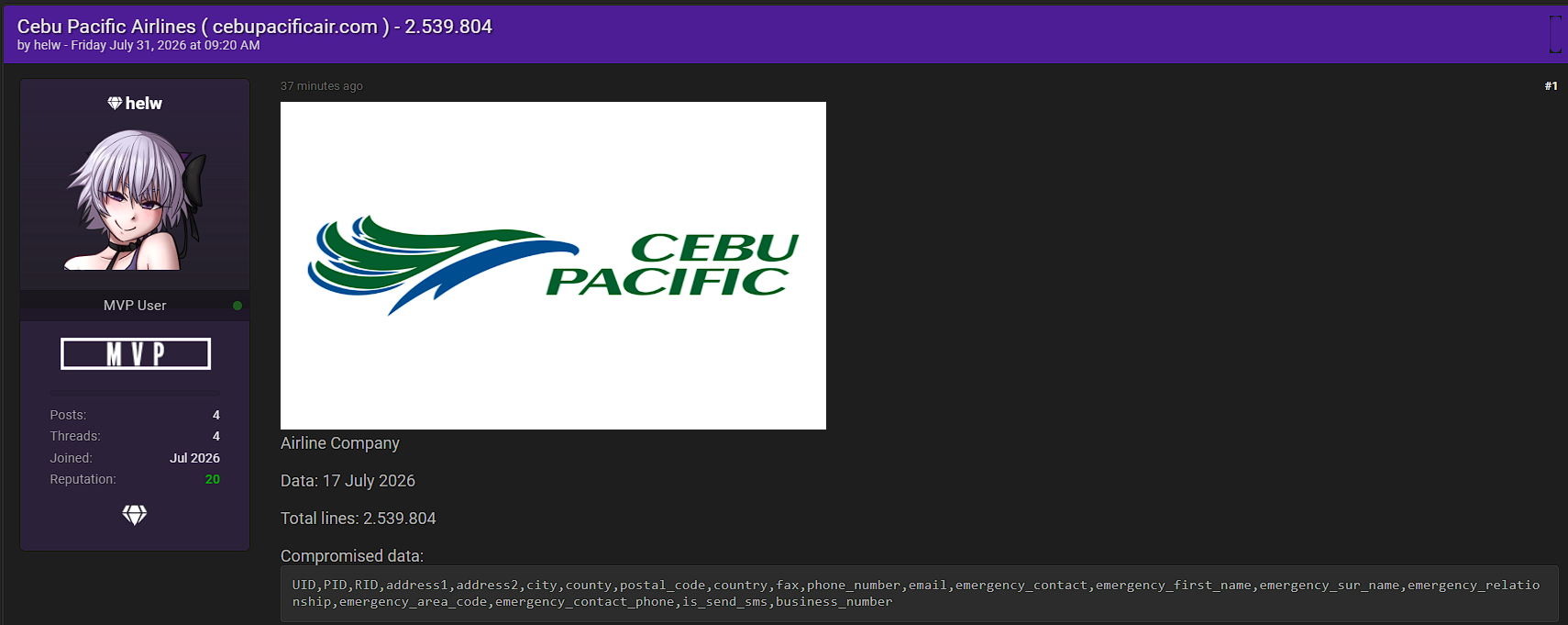 Alleged Data Breach of Cebu Pacific Airlines records
