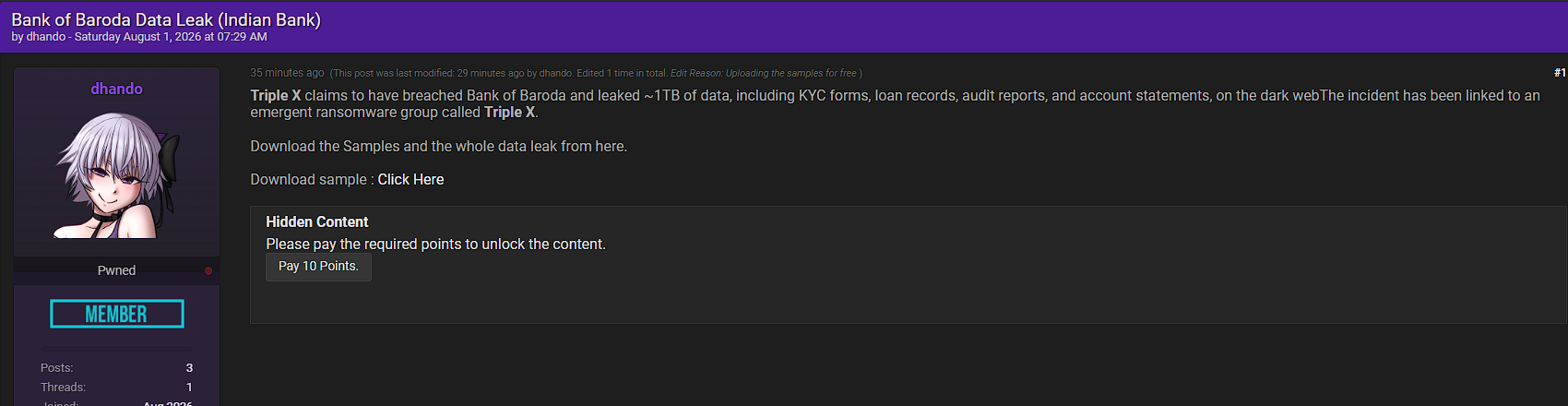 Alleged Data Breach of Bank of Baroda