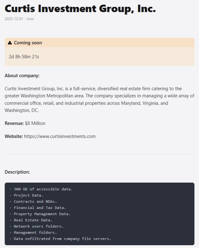 INC.Curtis Investment Group成为GENESIS勒索软件的受害者
