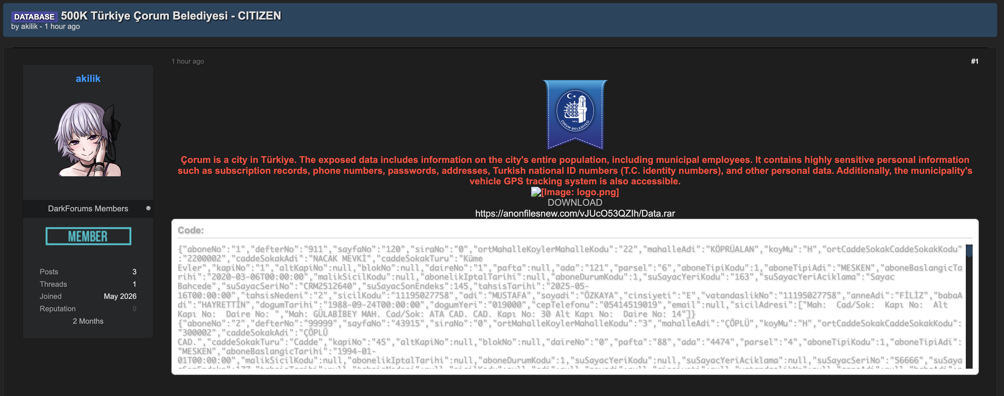 Alleged data breach of Çorum Municipality
