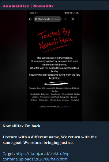 AnomaliHax targets the website of FT UNJ