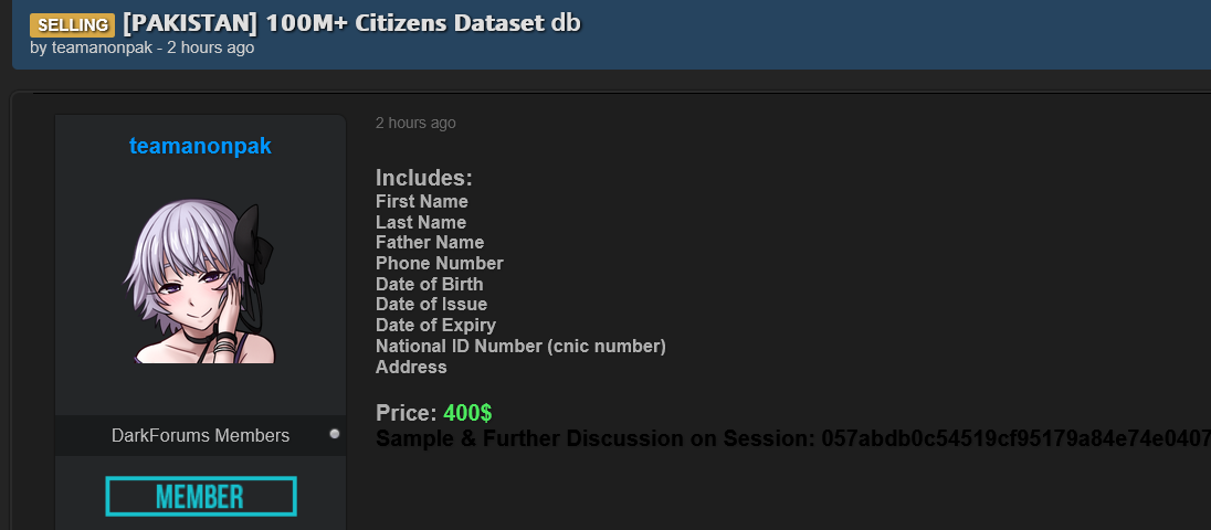 Alleged Sale of 100 million citizen data from Pakistan
