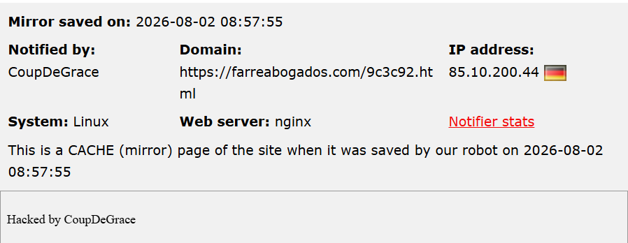 CoupDeGrace targets the website of Farré Lawyers