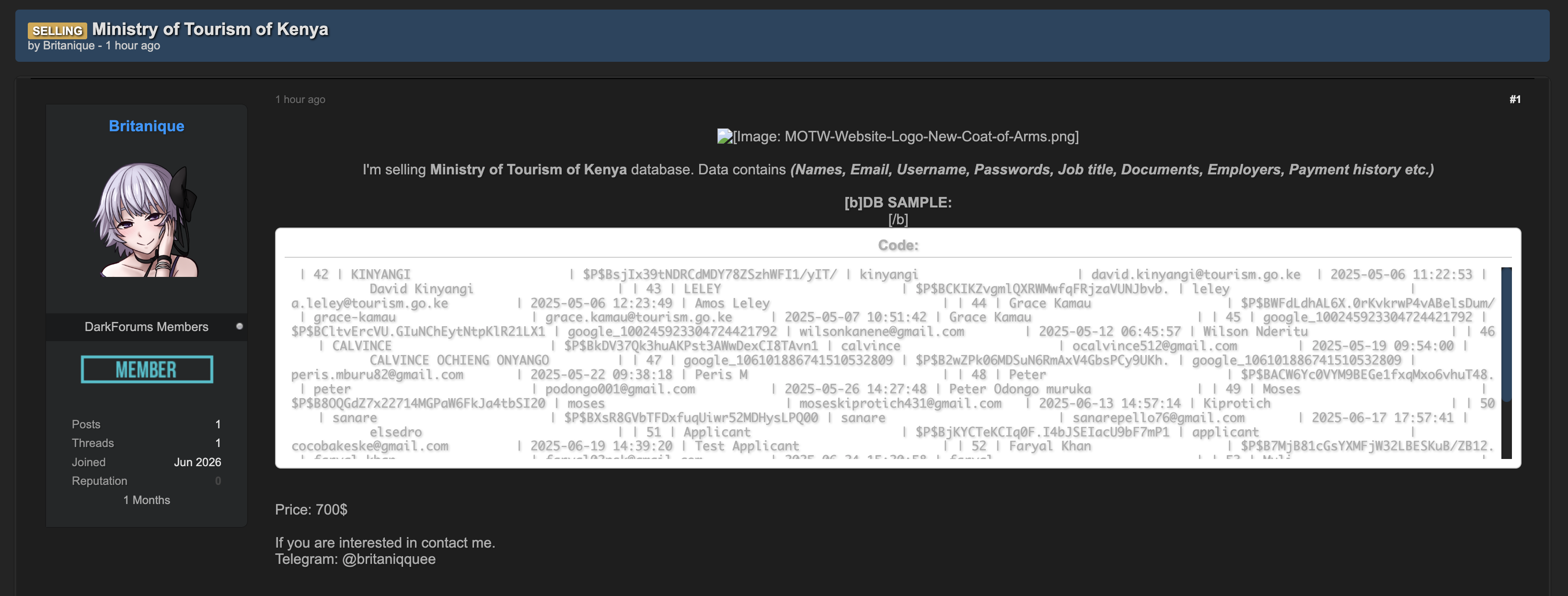 Alleged data breach of Ministry of Tourism and Wildlife
