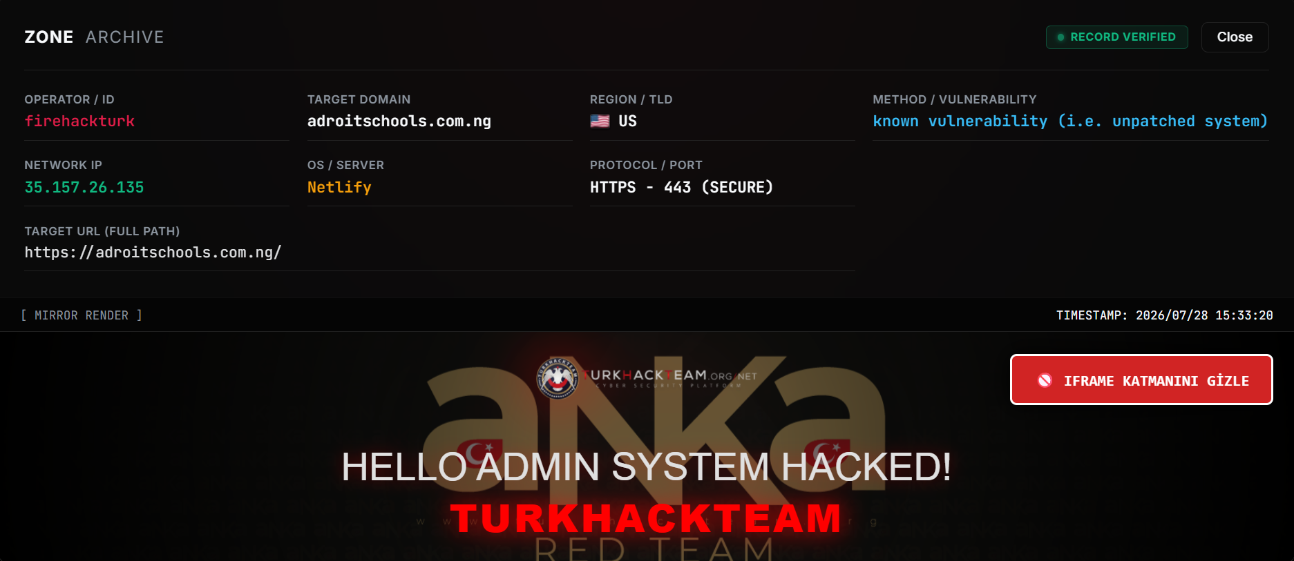 firehackturk targets the website of adroit schools