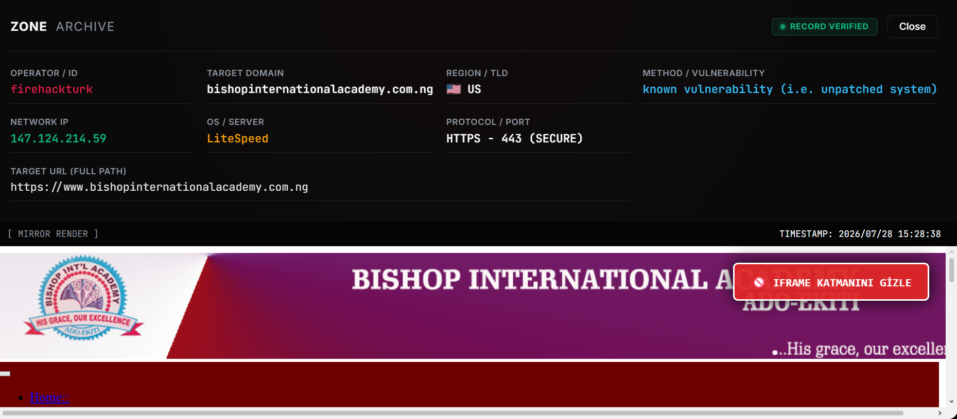 firehackturk targets the website of Bishop International Academy