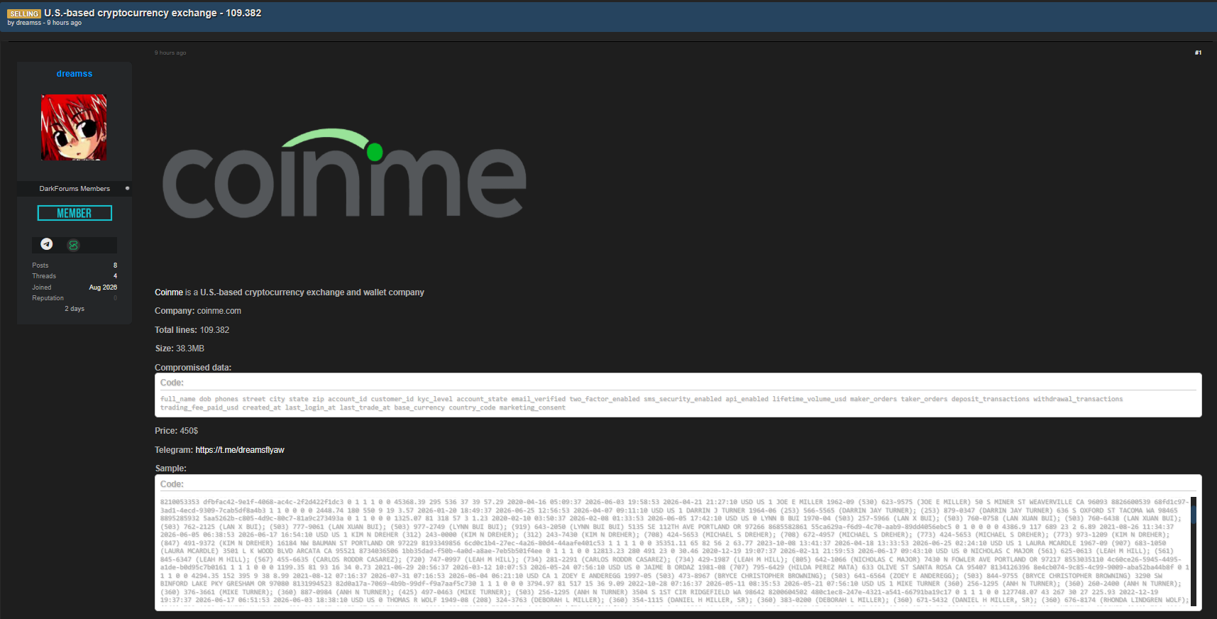 Alleged data leak involving Coinme Cryptocurrency Exchange
