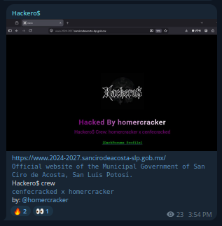 Hackero$ targets the website of H. Ayuntamiento de San Ciro de Acosta S.L.P