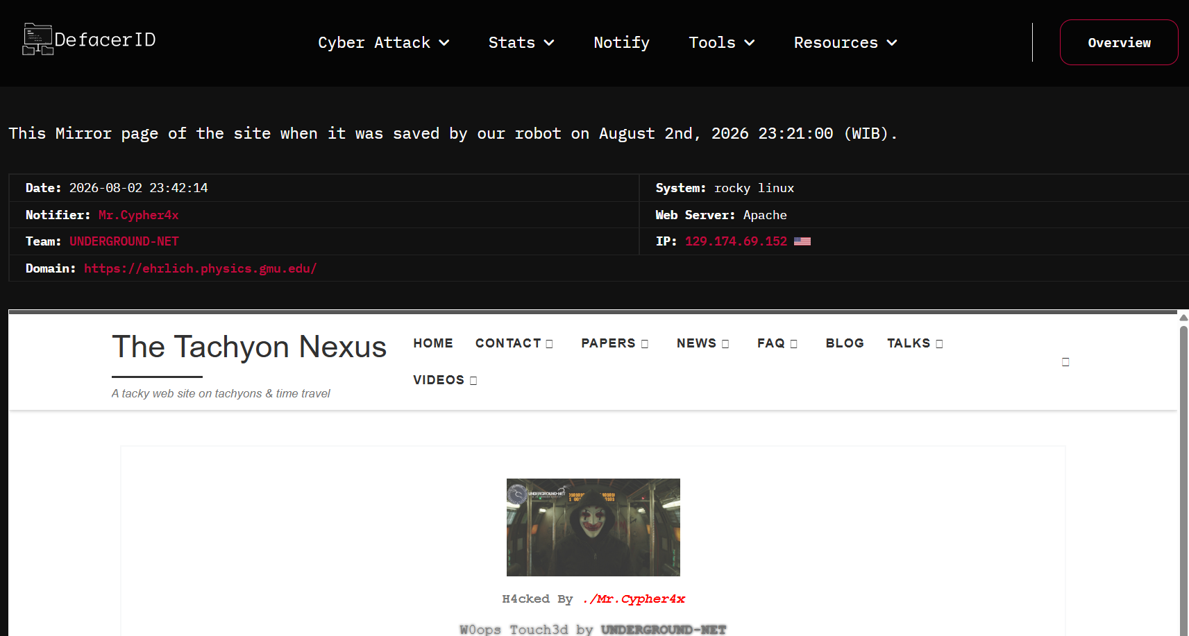 Mr.Cypher4x targets the website of personal faculty page of Dr. Robert Ehrlich