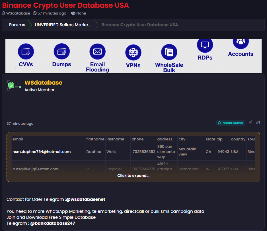Alleged sale of Binance crypto user data