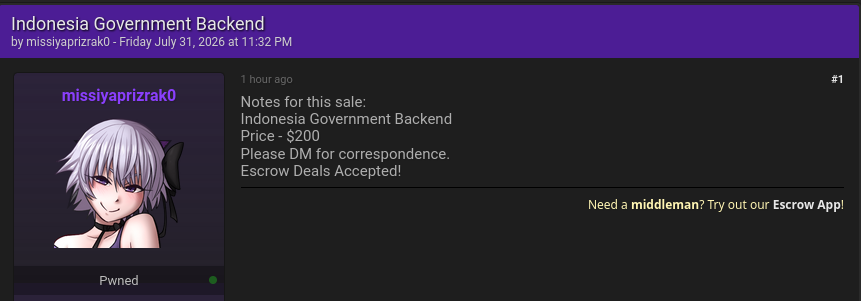 Alleged sale of unauthorized access to an unidentified Indonesian government organization