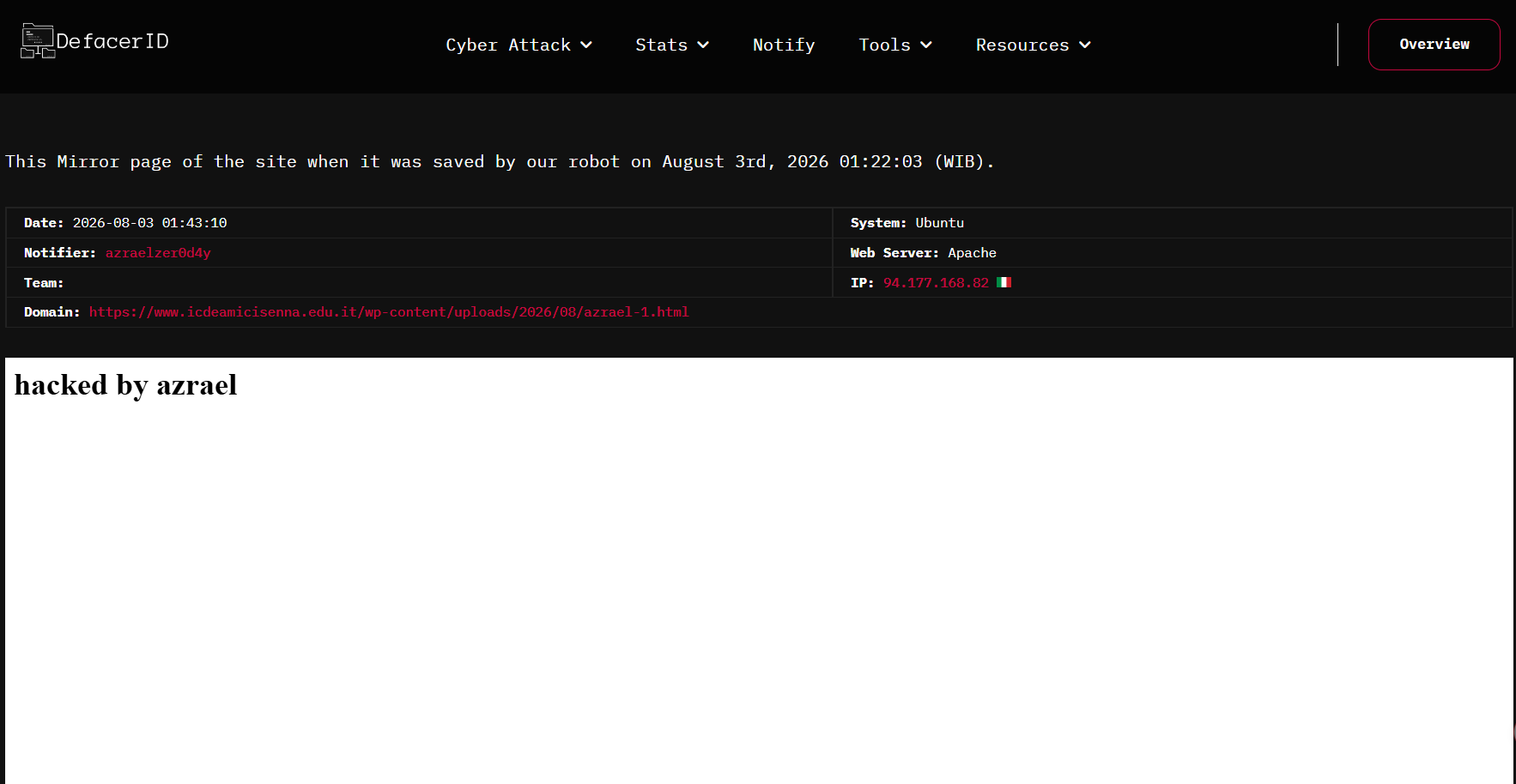 azraelzer0d4y targets the website of Comprehensive Institute EDMONDO DE AMICIS ENNA