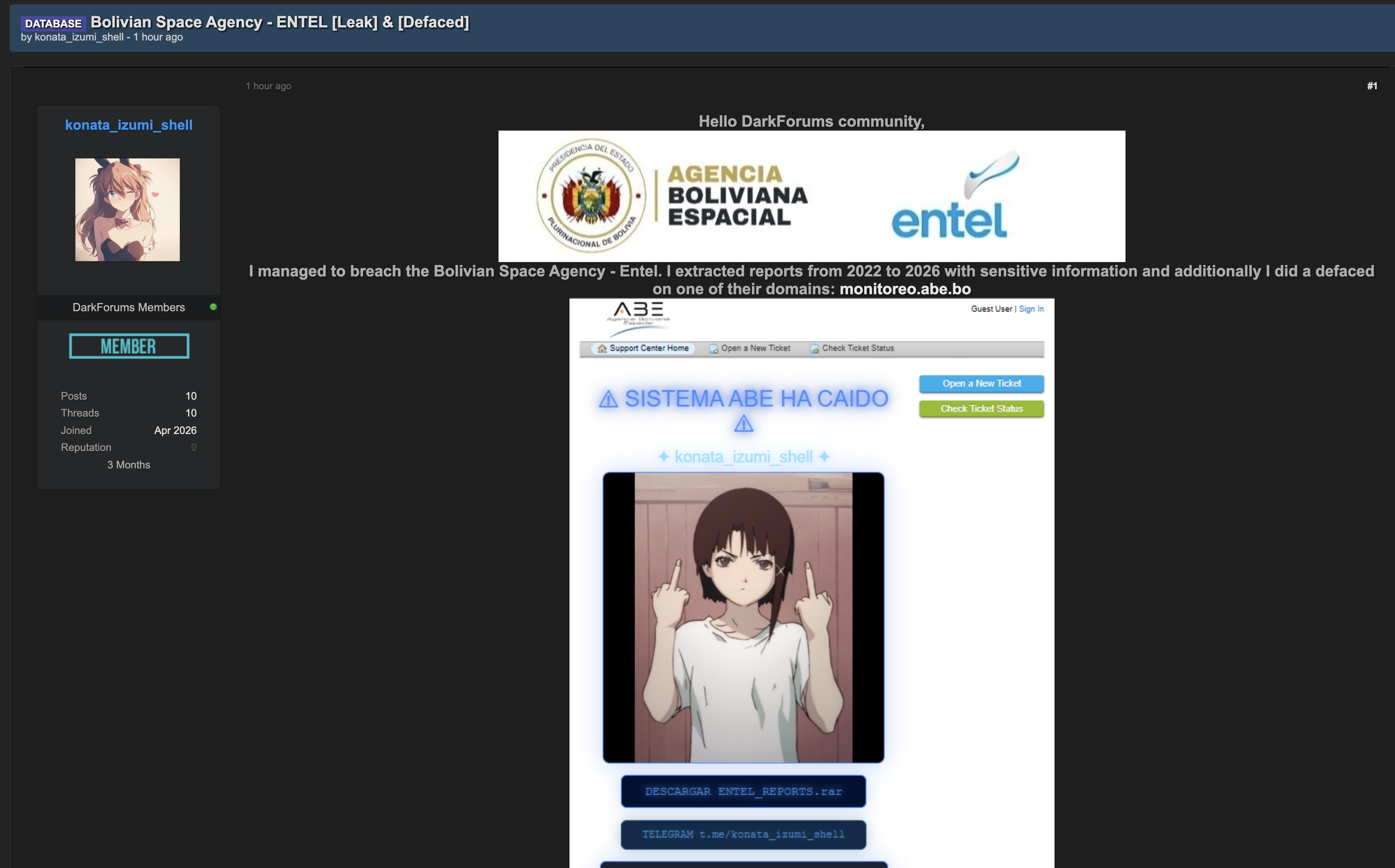 Alleged data breach of Agencia Boliviana Espacial