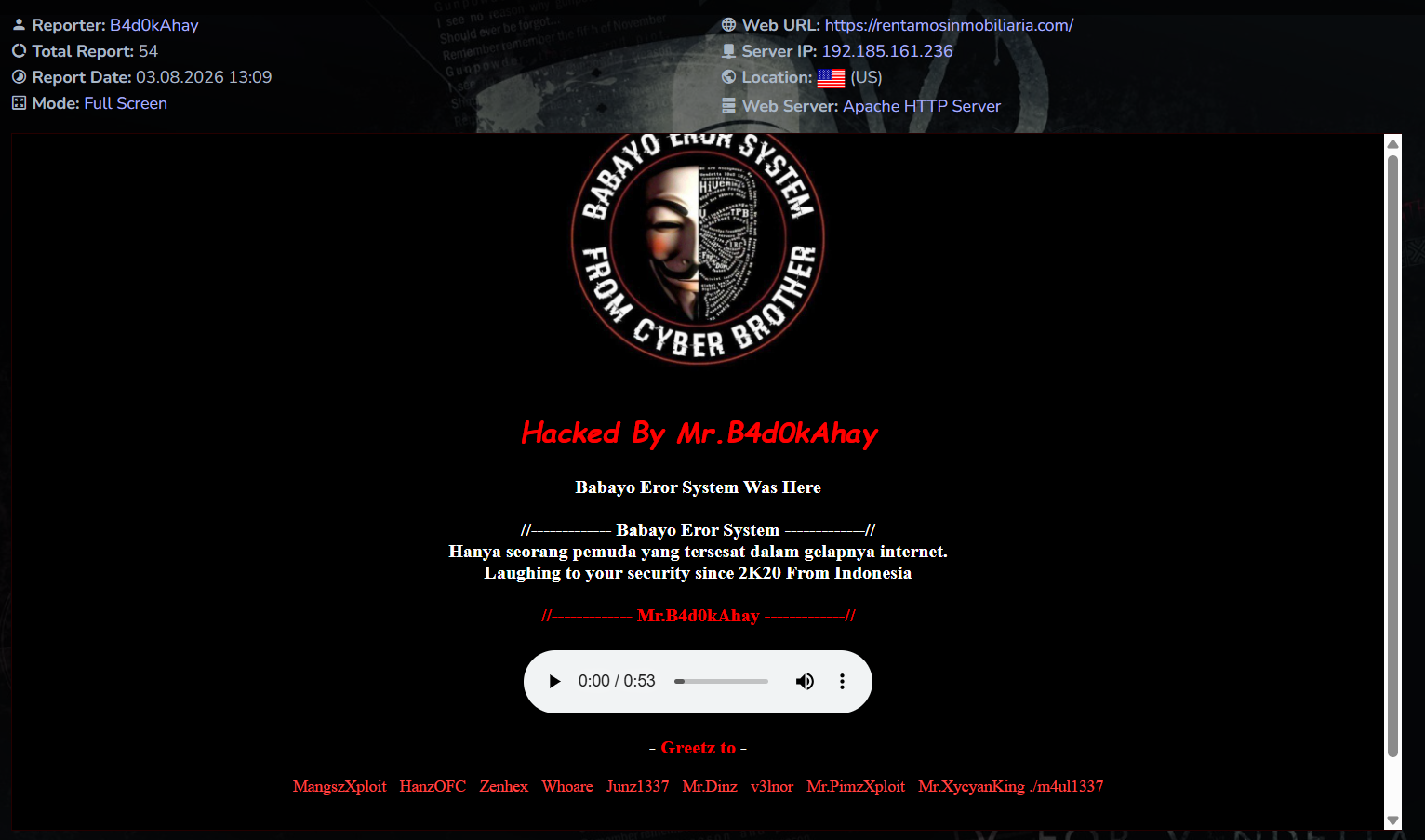 B4d0kAhay targets the website of Rentamos Inmobiliaria