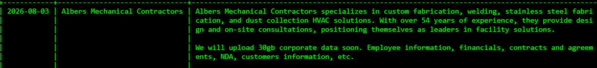 Albers Mechanical Contractors Inc. Falls Victim to Akira Ransomware
