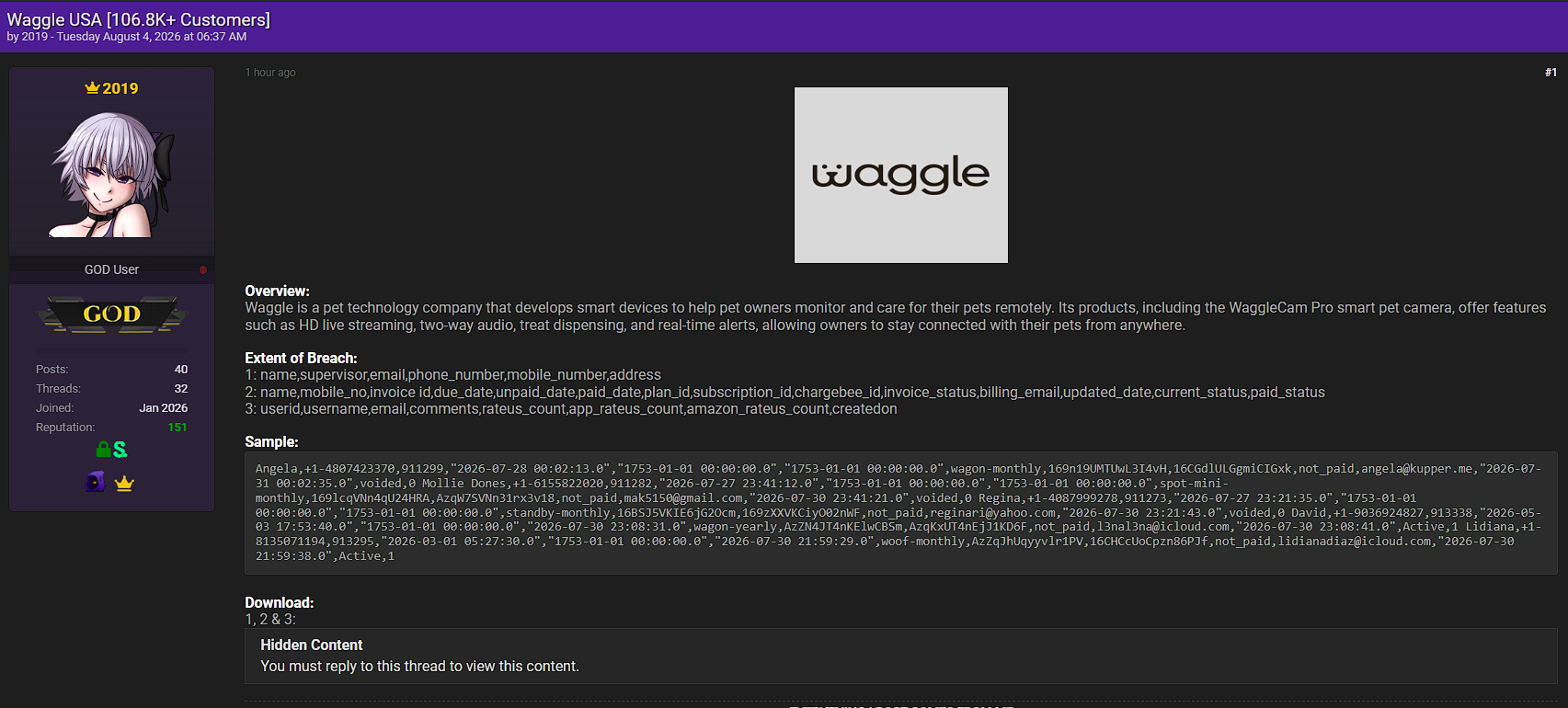 Alleged Data Breach of Waggle