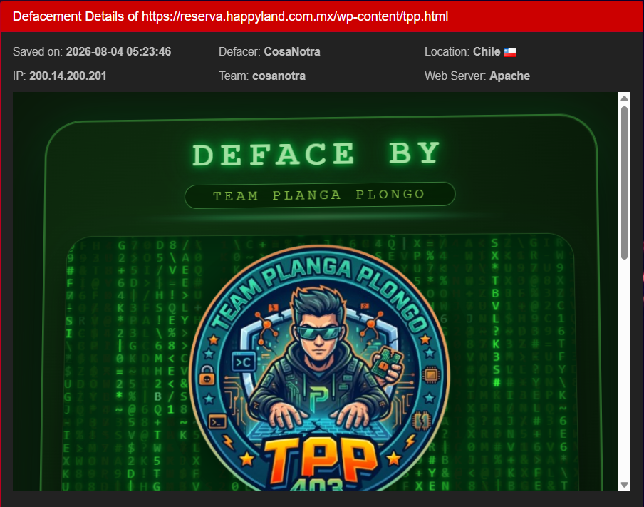 CosaNotra targets the website of Happyland México