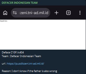 DEFACER INDONESIAN TEAM targets the website of Pusdikzi TNI AD