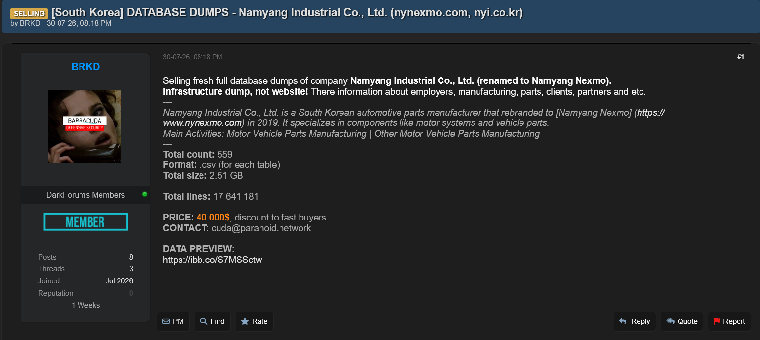 Alleged data breach of Namyang Nexmo