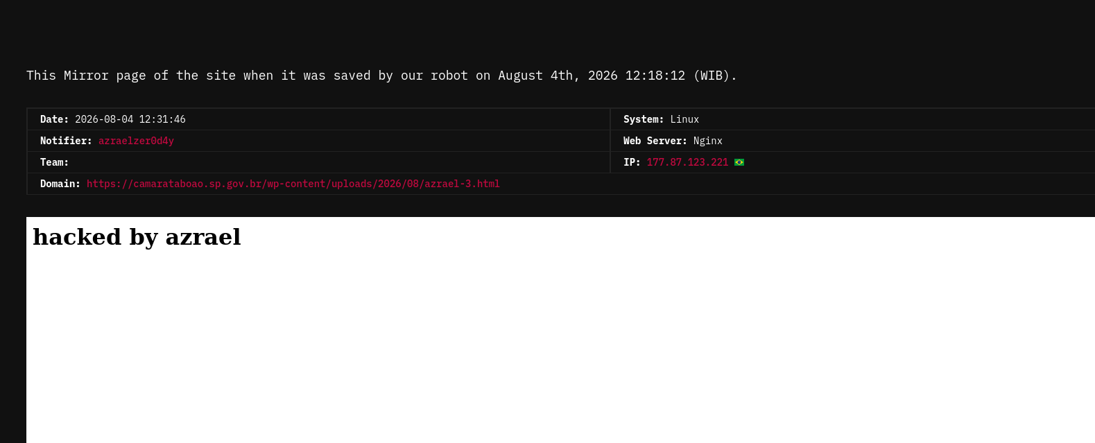 azraelzer0d4y targets the website of Câmara Municipal de Taboão da Serra